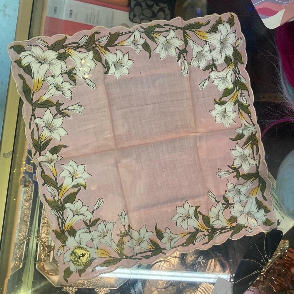 Vintage 50s-60s SPANGAL handkerchief - Made in Spain - pink with white flowers